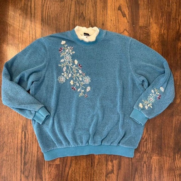 Sweaters - Bon Worth Blue Crewneck with Purple Embroidered Flower Sweater Size XL Vintage
